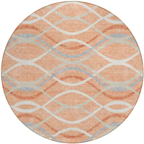 8' Peach Orange And Gray Round Abstract Washable Indoor Outdoor Area Rug Photo 1