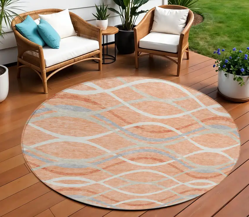 8' Peach Orange And Gray Round Abstract Washable Indoor Outdoor Area Rug Photo 1
