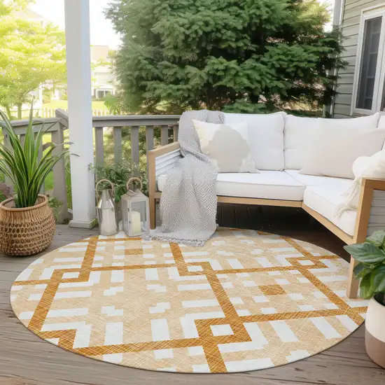 8' Peach Orange And Ivory Round Geometric Washable Indoor Outdoor Area Rug Photo 6