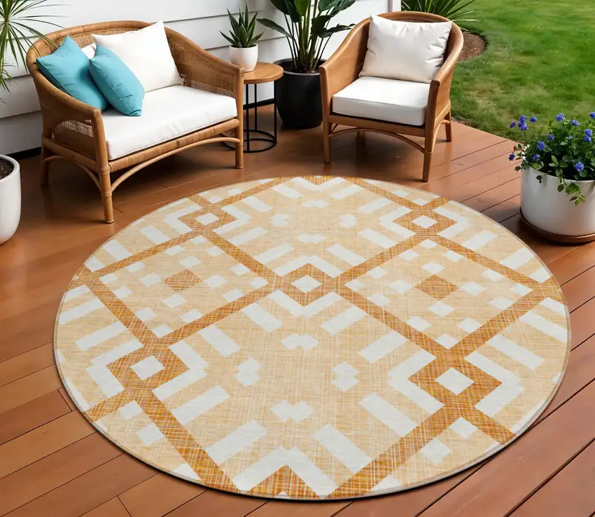 8' Peach Orange And Ivory Round Geometric Washable Indoor Outdoor Area Rug Photo 1