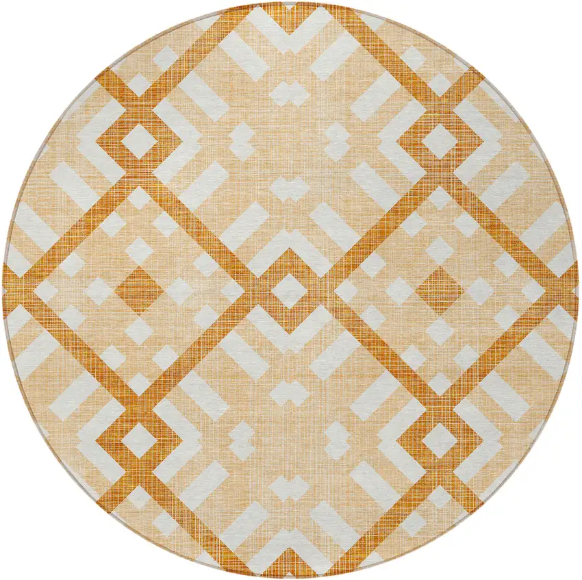 8' Peach Orange And Ivory Round Geometric Washable Indoor Outdoor Area Rug Photo 5