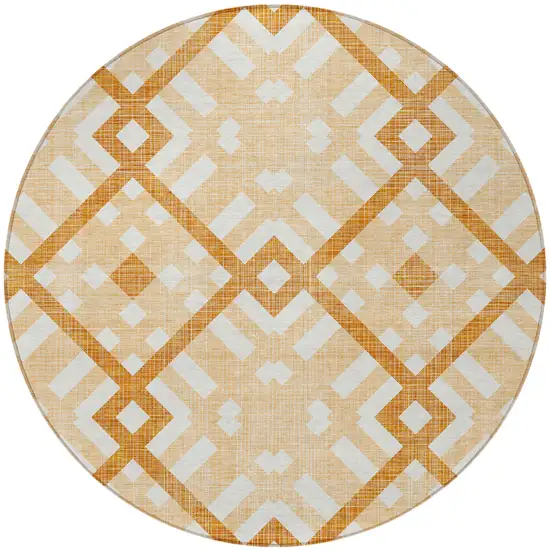 8' Peach Orange And Ivory Round Geometric Washable Indoor Outdoor Area Rug Photo 5