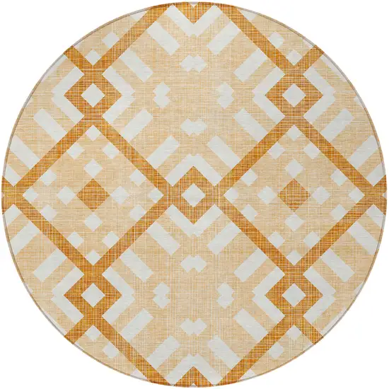 8' Peach Orange And Ivory Round Geometric Washable Indoor Outdoor Area Rug Photo 5