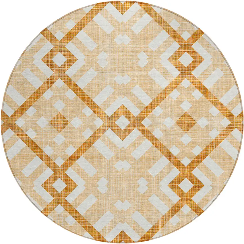8' Peach Orange And Ivory Round Geometric Washable Indoor Outdoor Area Rug Photo 2