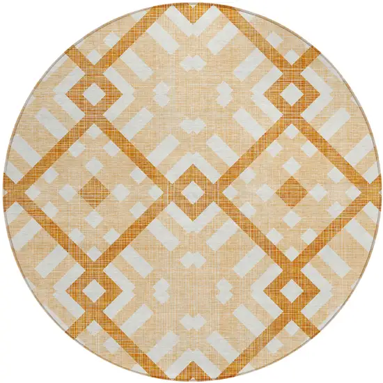 8' Peach Orange And Ivory Round Geometric Washable Indoor Outdoor Area Rug Photo 2