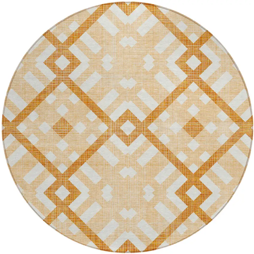8' Peach Orange And Ivory Round Geometric Washable Indoor Outdoor Area Rug Photo 2