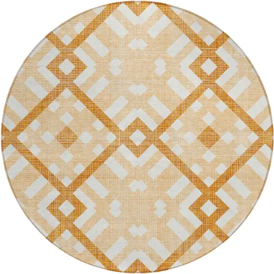 8' Peach Orange And Ivory Round Geometric Washable Indoor Outdoor Area Rug Photo 2