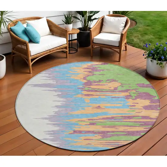 8' Peach Purple And Green Round Abstract Washable Indoor Outdoor Area Rug Photo 1
