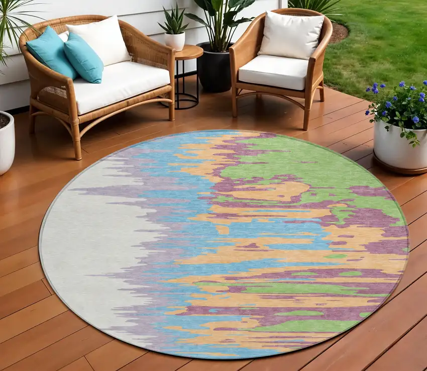 8' Peach Purple And Green Round Abstract Washable Indoor Outdoor Area Rug Photo 1