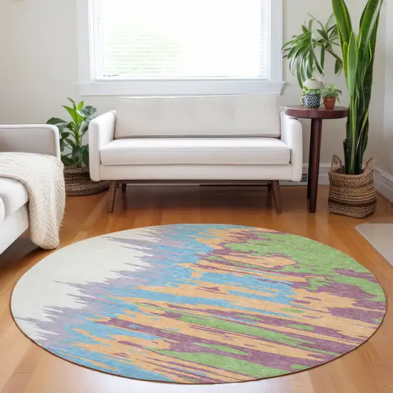 8' Peach Purple And Green Round Abstract Washable Indoor Outdoor Area Rug Photo 9
