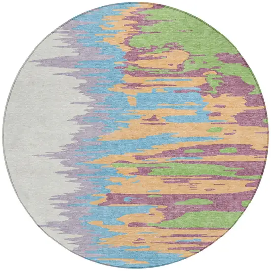 8' Peach Purple And Green Round Abstract Washable Indoor Outdoor Area Rug Photo 7