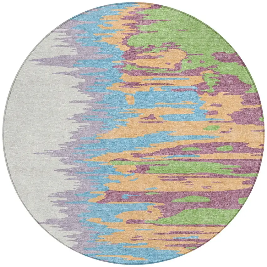 8' Peach Purple And Green Round Abstract Washable Indoor Outdoor Area Rug Photo 7