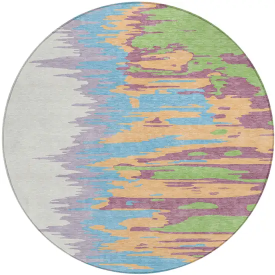 8' Peach Purple And Green Round Abstract Washable Indoor Outdoor Area Rug Photo 2