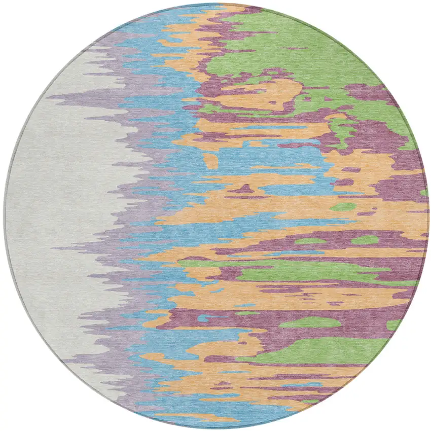 8' Peach Purple And Green Round Abstract Washable Indoor Outdoor Area Rug Photo 2