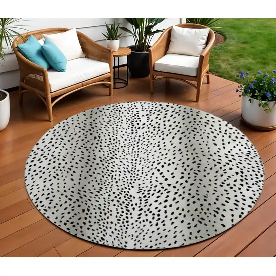 8' Pearl And Black Round Animal Print Washable Indoor Outdoor Area Rug Photo 1