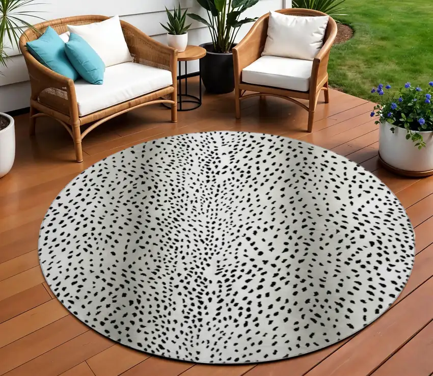 8' Pearl And Black Round Animal Print Washable Indoor Outdoor Area Rug Photo 1