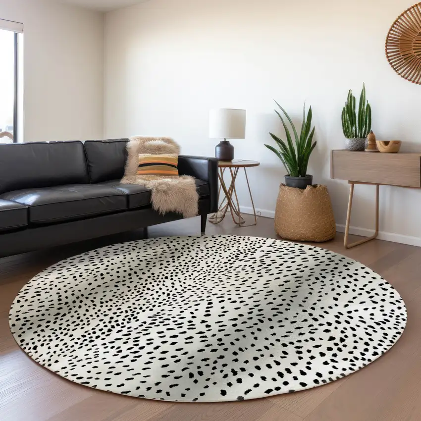 8' Pearl And Black Round Animal Print Washable Indoor Outdoor Area Rug Photo 7