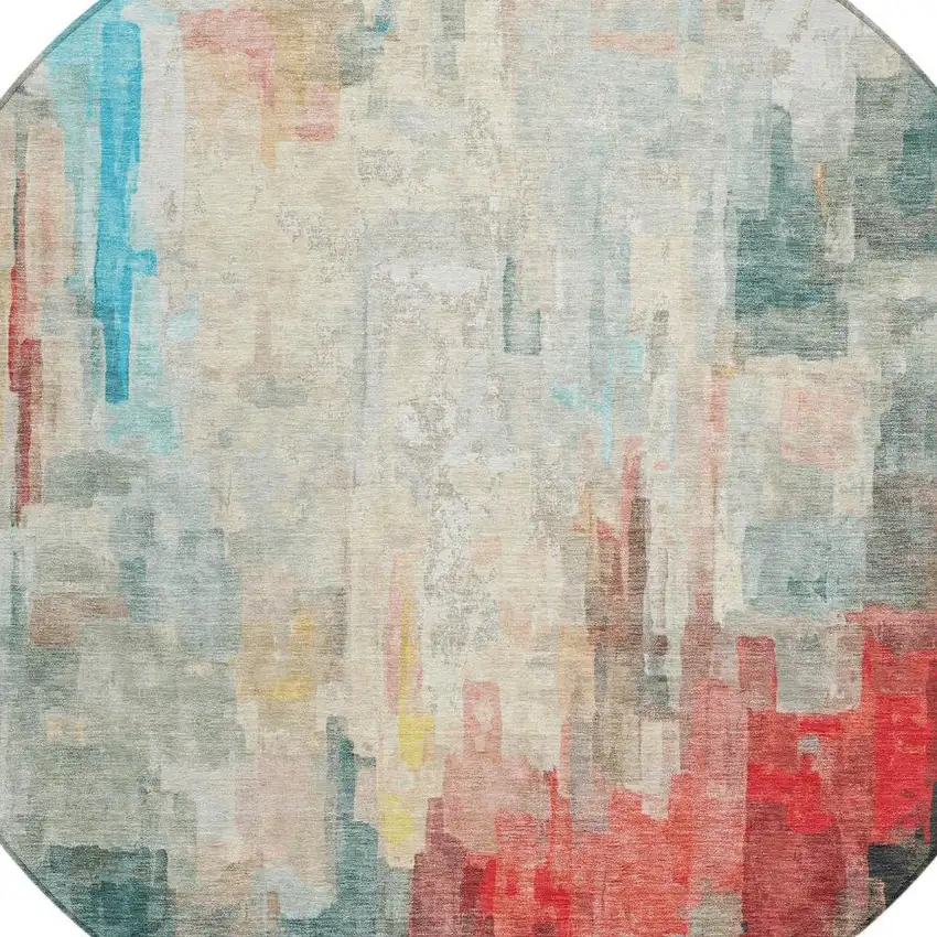 8' Pearl And Gray Round Abstract Washable Indoor Outdoor Area Rug Photo 4