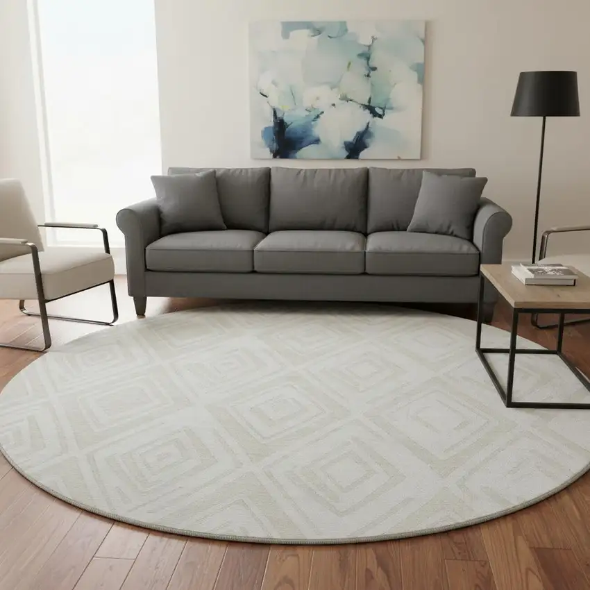 8' Pearl And Ivory Diamond Washable Round Rug With UV Protection Photo 2
