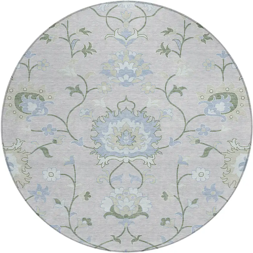 8' Pearl And Ivory Round Floral Washable Indoor Outdoor Area Rug Photo 2