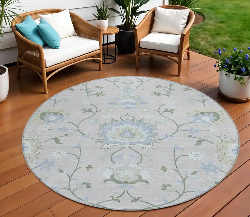 8' Pearl And Ivory Round Floral Washable Indoor Outdoor Area Rug Photo 1