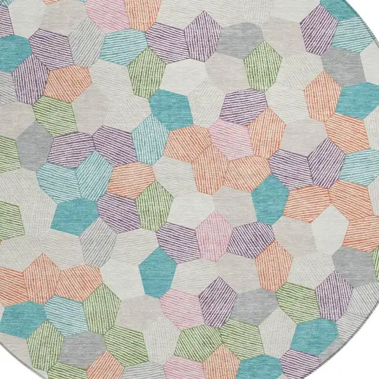 8' Pearl And Ivory Round Geometric Washable Indoor Outdoor Area Rug Photo 2