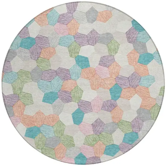 8' Pearl And Ivory Round Geometric Washable Indoor Outdoor Area Rug Photo 3