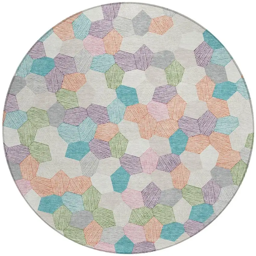 8' Pearl And Ivory Round Geometric Washable Indoor Outdoor Area Rug Photo 3