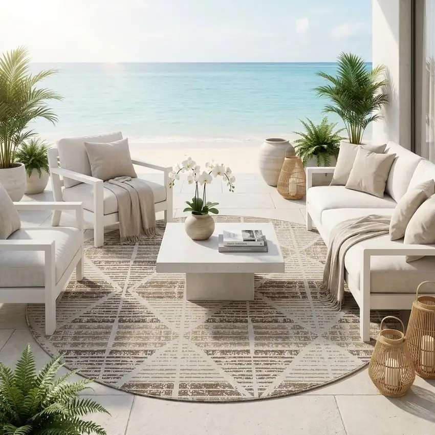 8' Pearl And Navy Blue Round Geometric Washable Indoor Outdoor Area Rug Photo 1