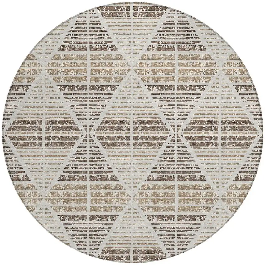 8' Pearl And Navy Blue Round Geometric Washable Indoor Outdoor Area Rug Photo 3