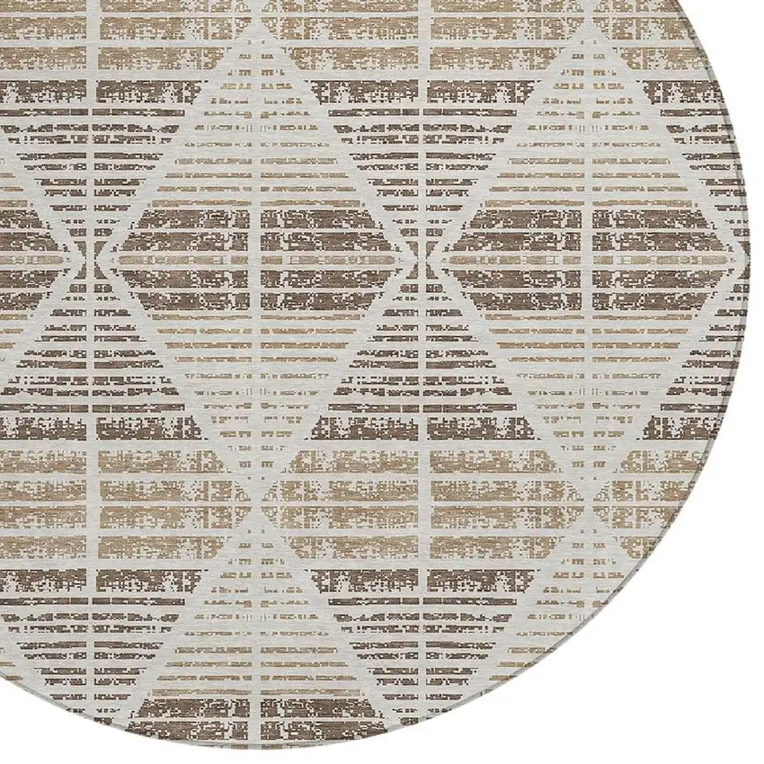8' Pearl And Navy Blue Round Geometric Washable Indoor Outdoor Area Rug Photo 5