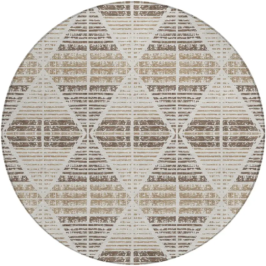 8' Pearl And Navy Blue Round Geometric Washable Indoor Outdoor Area Rug Photo 2