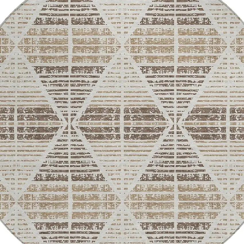 8' Pearl And Navy Blue Round Geometric Washable Indoor Outdoor Area Rug Photo 4