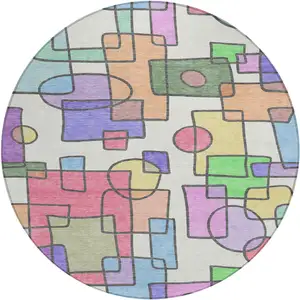 Photo of 8' Pearl And Pink Round Geometric Washable Indoor Outdoor Area Rug