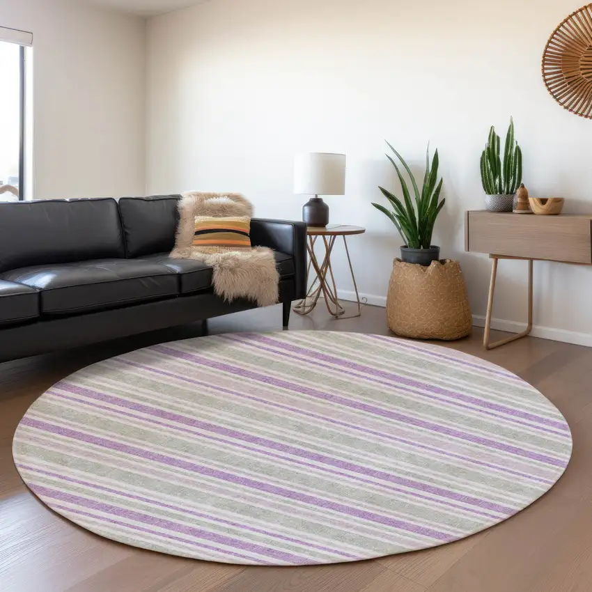 8' Pearl And Purple Striped Washable Round Rug With UV Protection Photo 4