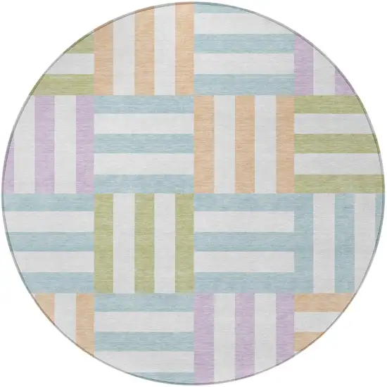 8' Pearl Blue And Lavender Round Geometric Washable Indoor Outdoor Area Rug Photo 5