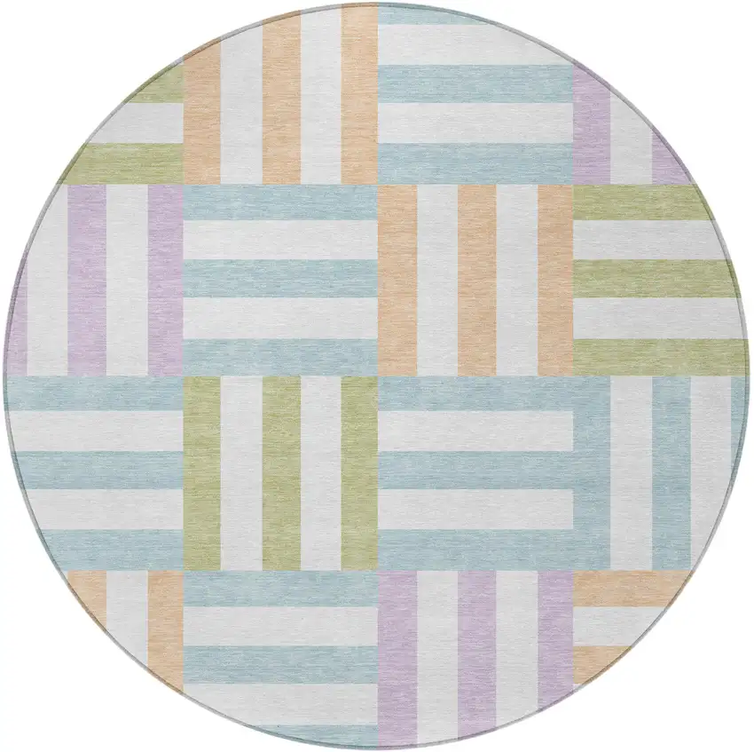 8' Pearl Blue And Lavender Round Geometric Washable Indoor Outdoor Area Rug Photo 5