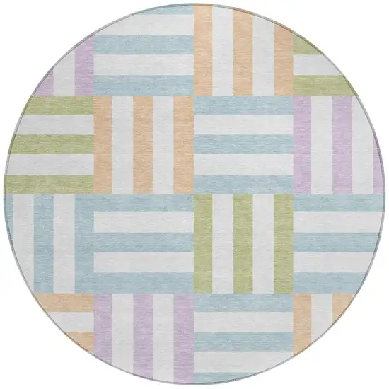 8' Pearl Blue And Lavender Round Geometric Washable Indoor Outdoor Area Rug Photo 4