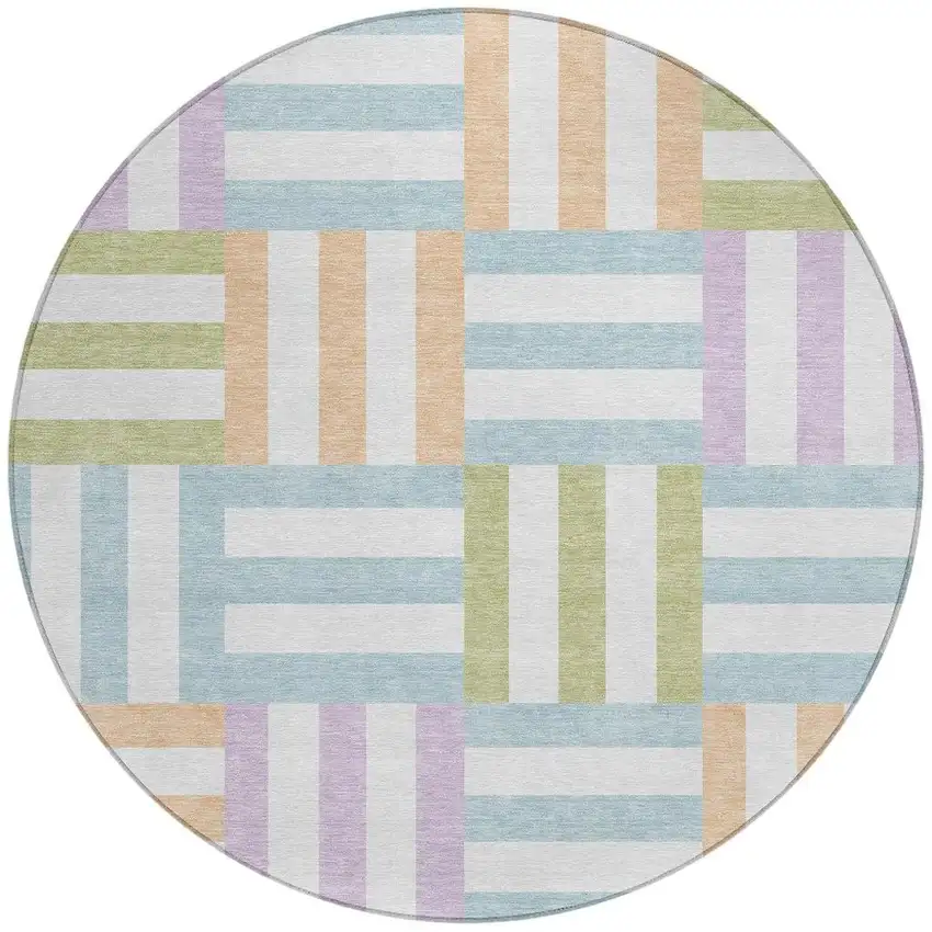 8' Pearl Blue And Lavender Round Geometric Washable Indoor Outdoor Area Rug Photo 4