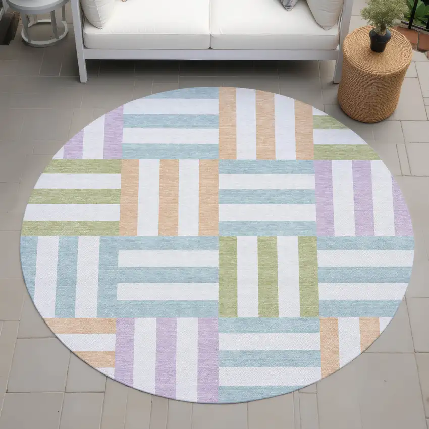 8' Pearl Blue And Lavender Round Geometric Washable Indoor Outdoor Area Rug Photo 7