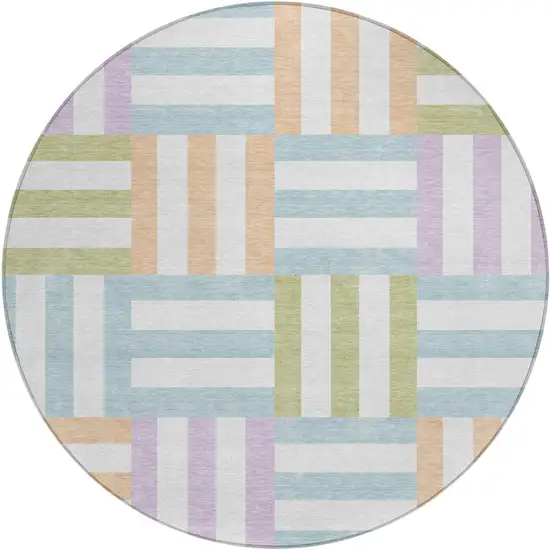 8' Pearl Blue And Lavender Round Geometric Washable Indoor Outdoor Area Rug Photo 2