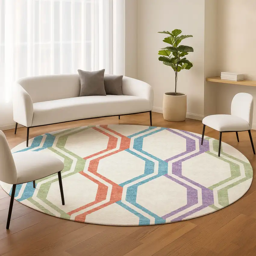 8' Pearl Blue And Purple Round Geometric Washable Indoor Outdoor Area Rug Photo 9