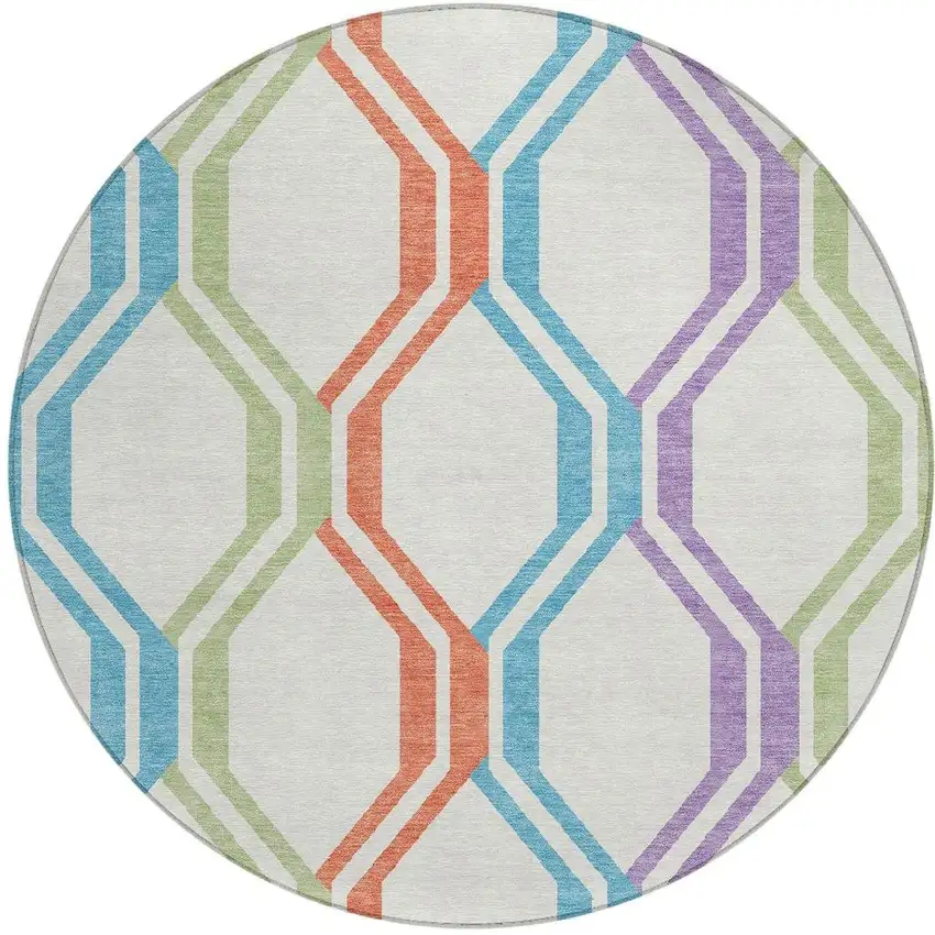 8' Pearl Blue And Purple Round Geometric Washable Indoor Outdoor Area Rug Photo 4