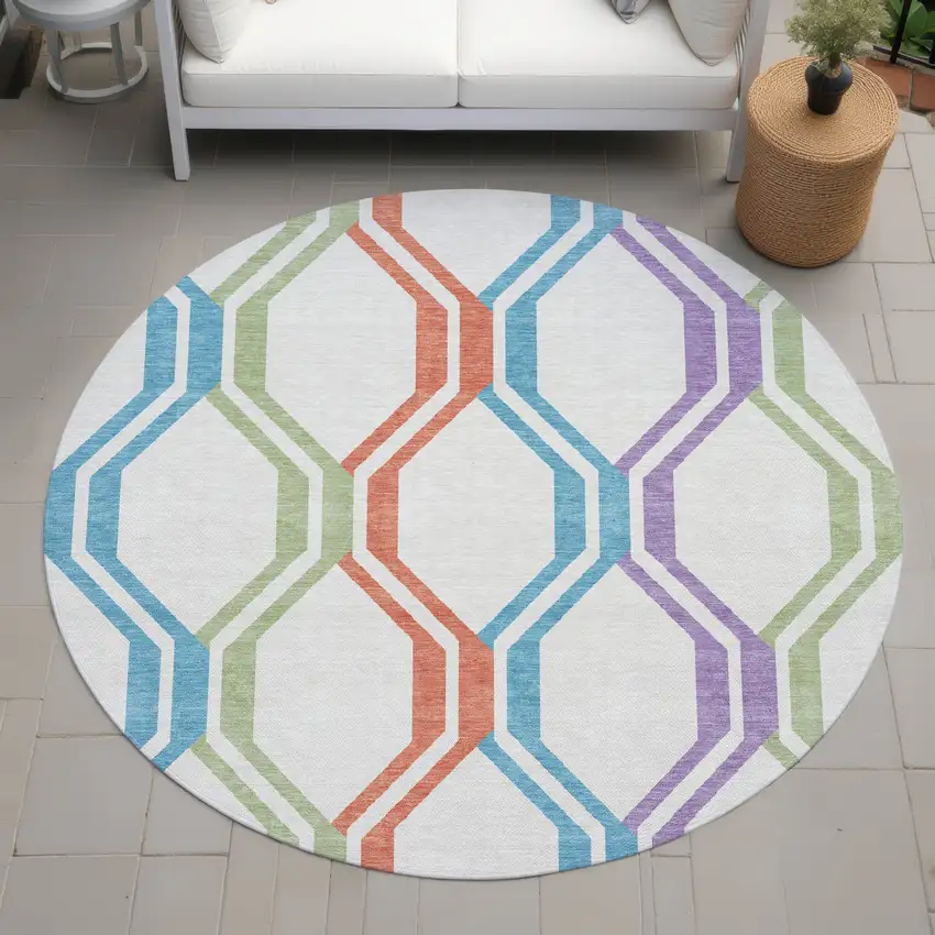 8' Pearl Blue And Purple Round Geometric Washable Indoor Outdoor Area Rug Photo 8