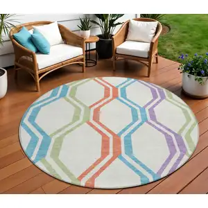 Photo of 8' Pearl Blue And Purple Round Geometric Washable Indoor Outdoor Area Rug