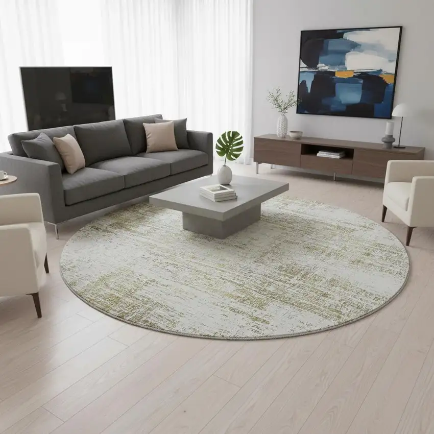 8' Pearl Gold And Green Abstract Washable Round Rug With UV Protection Photo 2