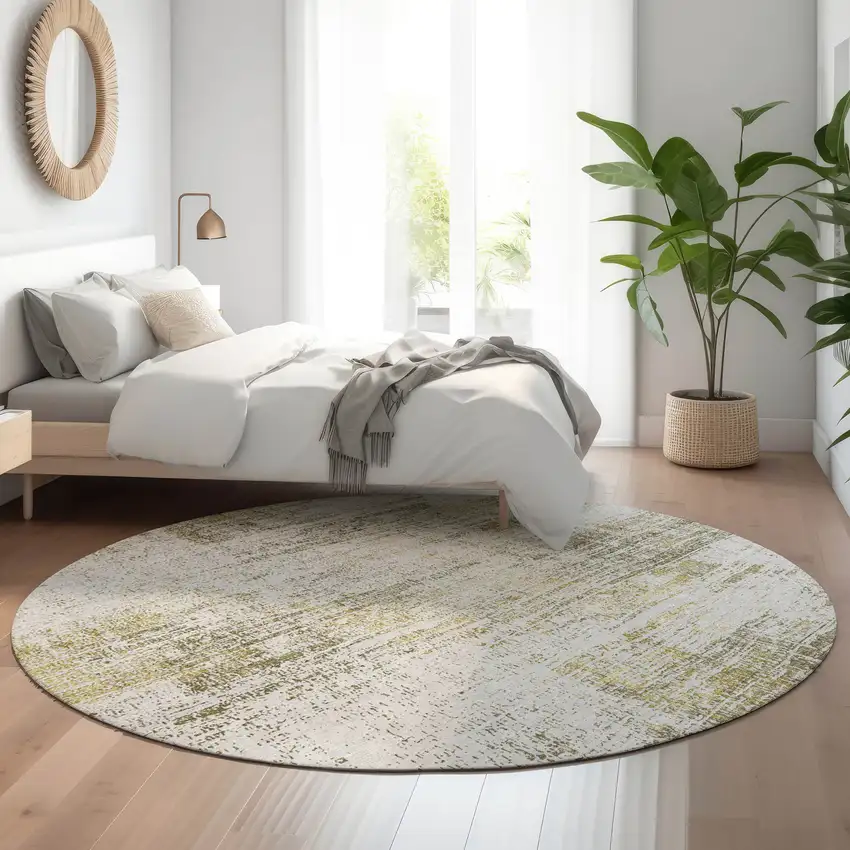 8' Pearl Gold And Green Abstract Washable Round Rug With UV Protection Photo 5