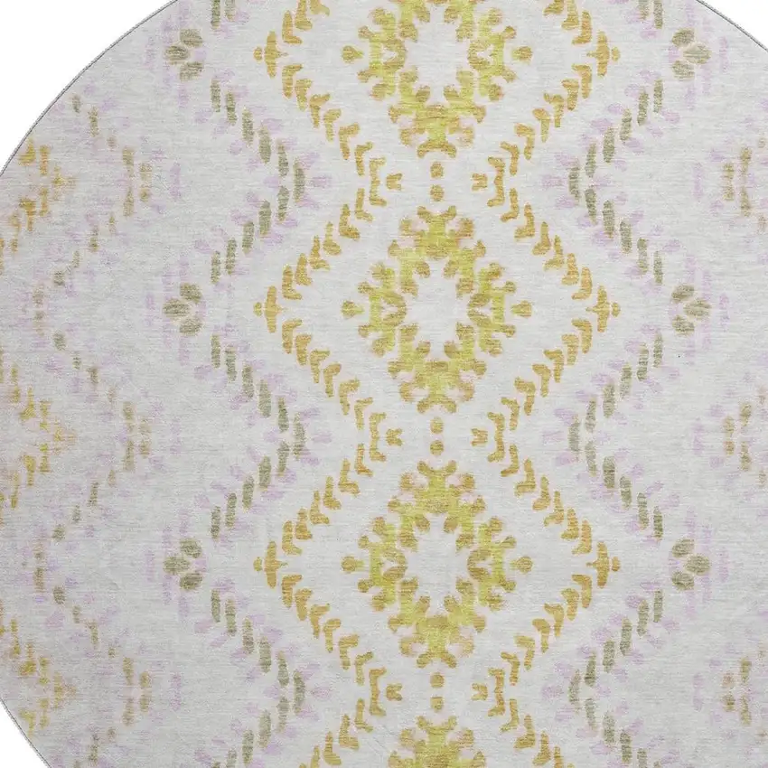 8' Pearl Gold And Ivory Geometric Washable Round Rug With UV Protection Photo 2