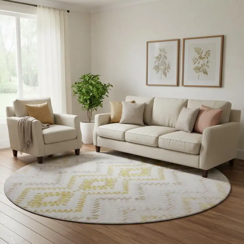 8' Pearl Gold And Ivory Geometric Washable Round Rug With UV Protection Photo 1