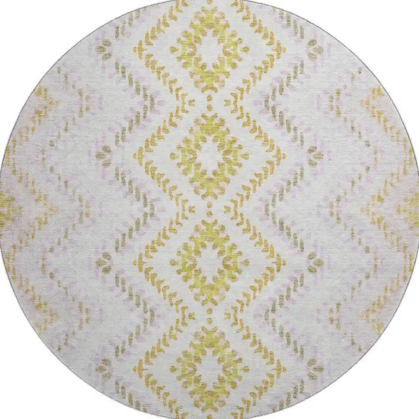 8' Pearl Gold And Ivory Geometric Washable Round Rug With UV Protection Photo 3